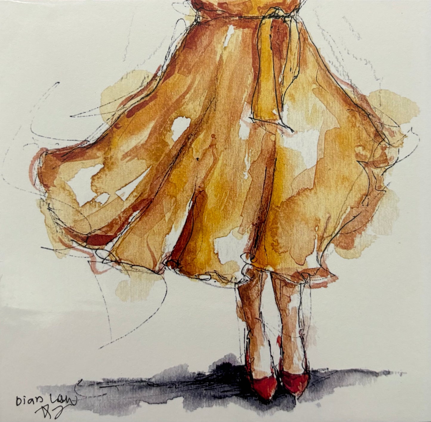 Yellow dress, red shoes