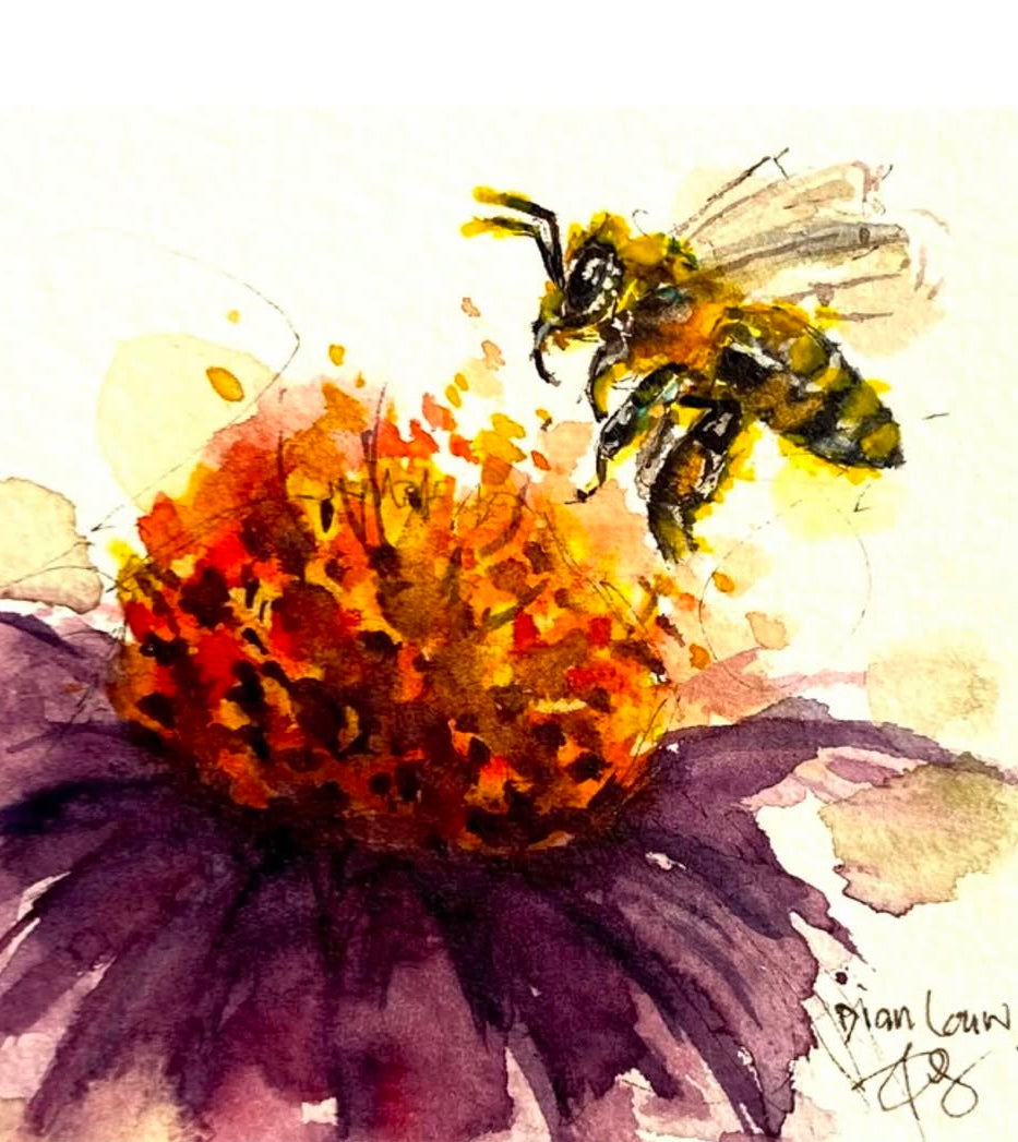 Bee with big purple and red flower