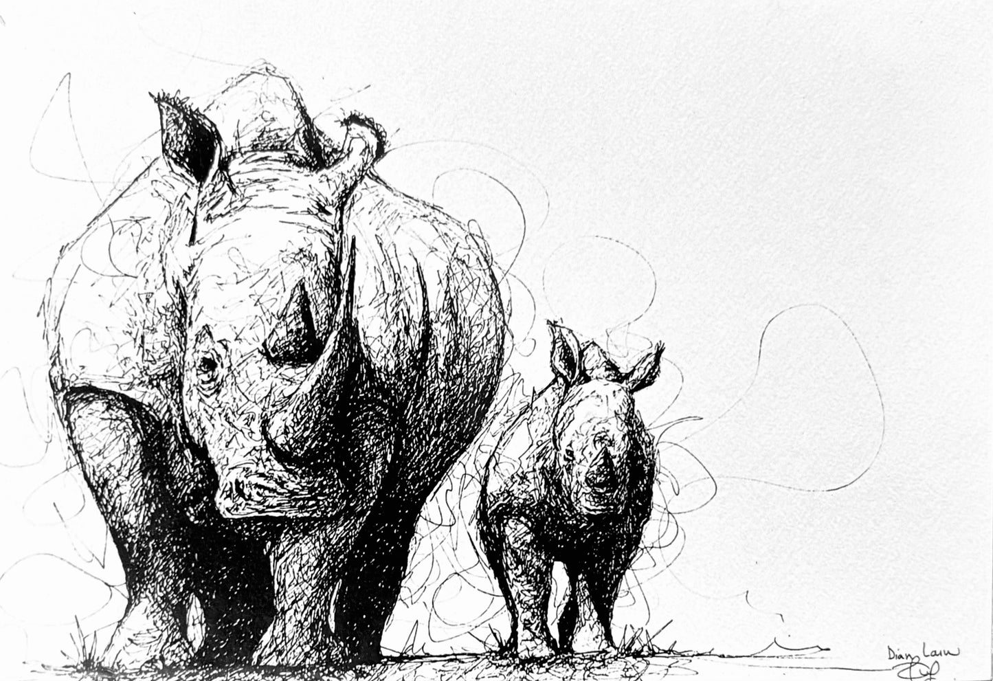 White Rhino and baby, black & white pen sketch