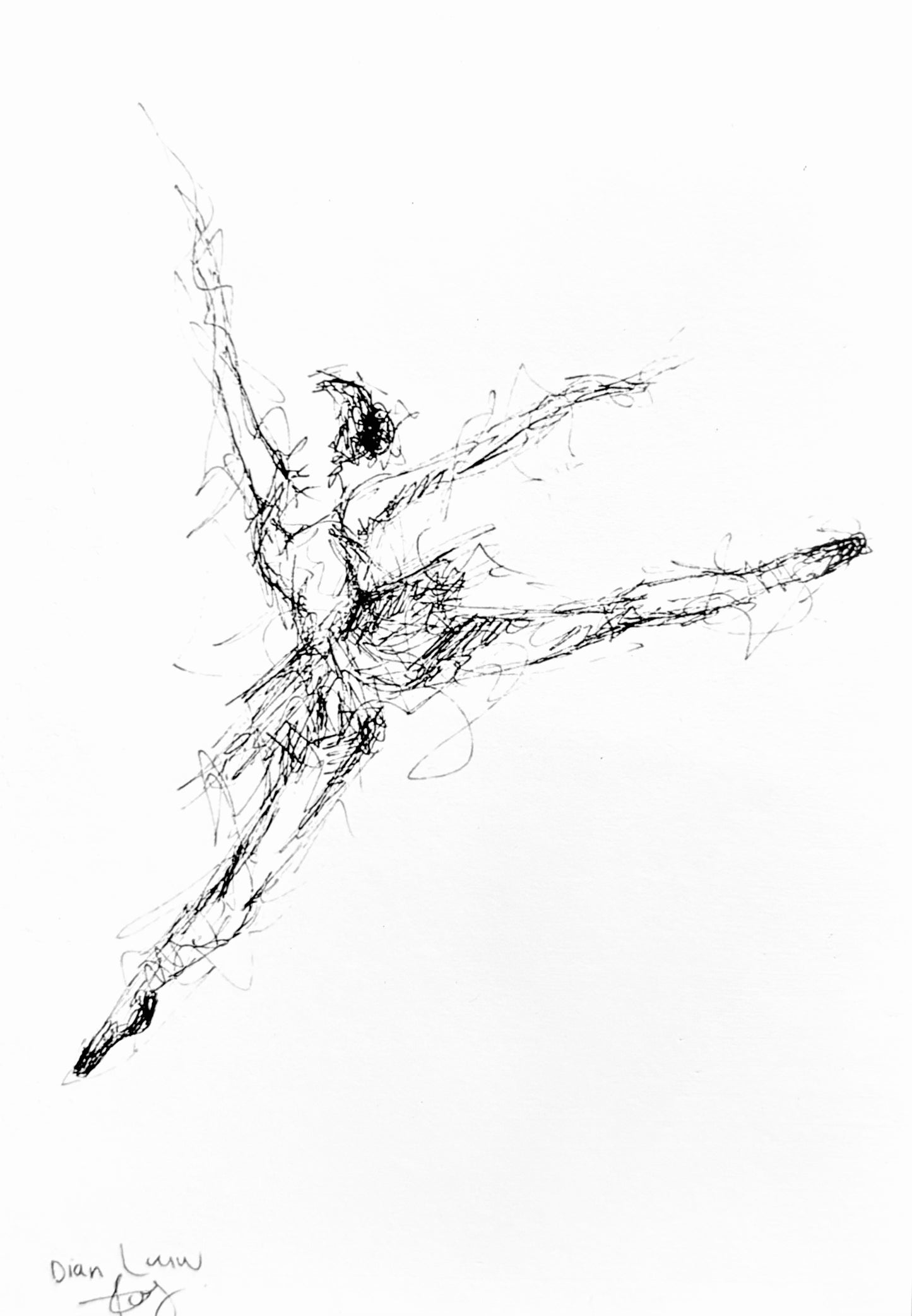 Ballerina jumping, black & white pen sketch