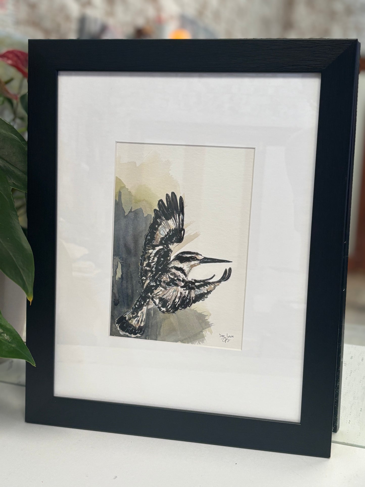 Pied kingfisher flying watercolour